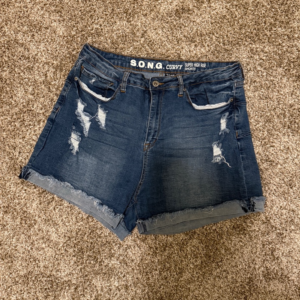 S.O.N.G. Curvy Distressed Jean Shorts - Dark Blue